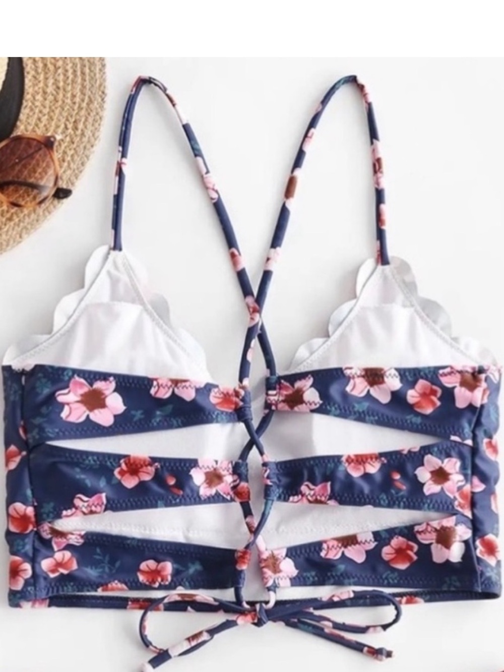 ZAFUL Scalloped Cropped Bikini Tankini Top Crossover Lace-up Back Padded Floral